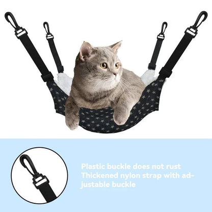 Cat hammock with dark star-pattern fabric and black hanging straps, padded bed