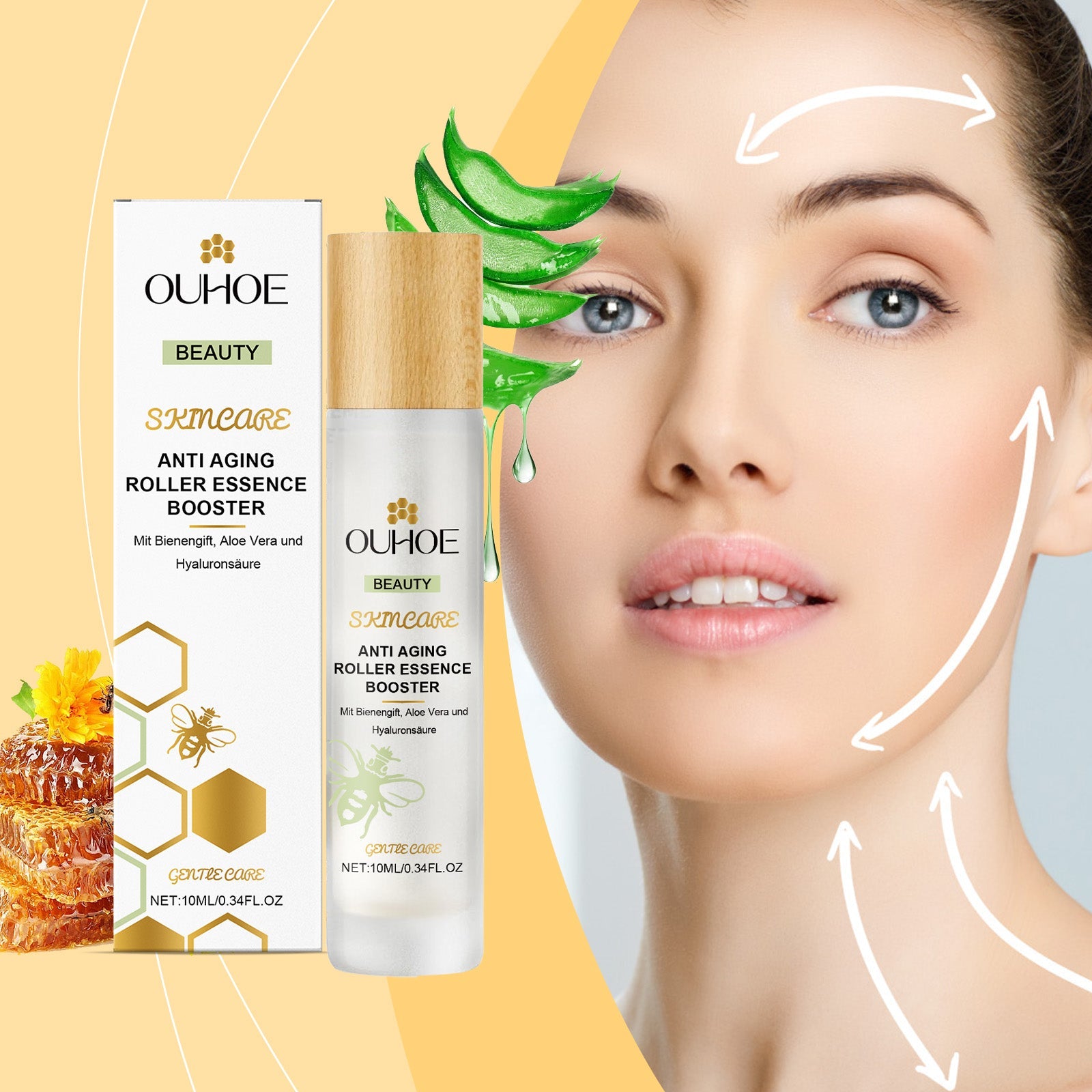 OUHOE night roll-on serum box and silver roller tube with green leaf accents