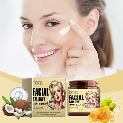 Facial tallow honey moisturizing cream jar and balm box with honey and coconut icons.