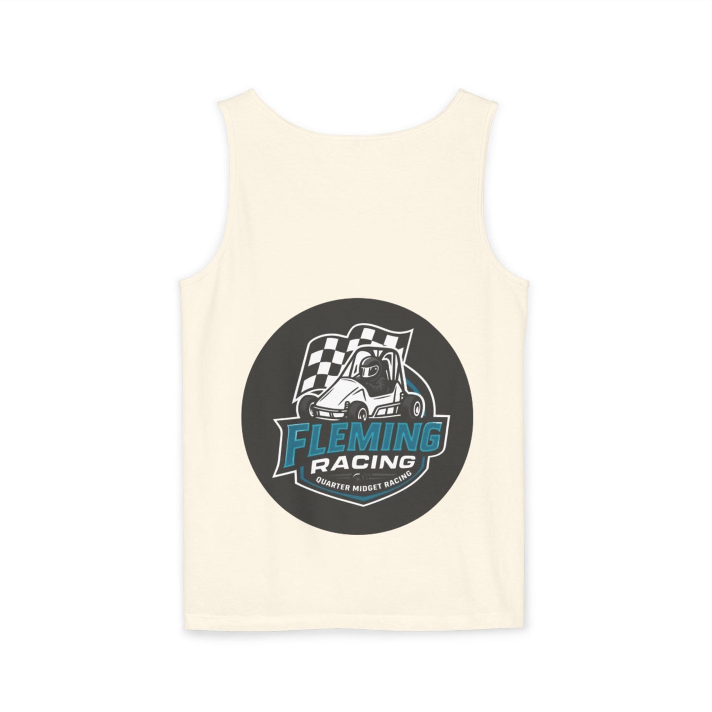 Cream racing tank top with round motorsports graphic logo print