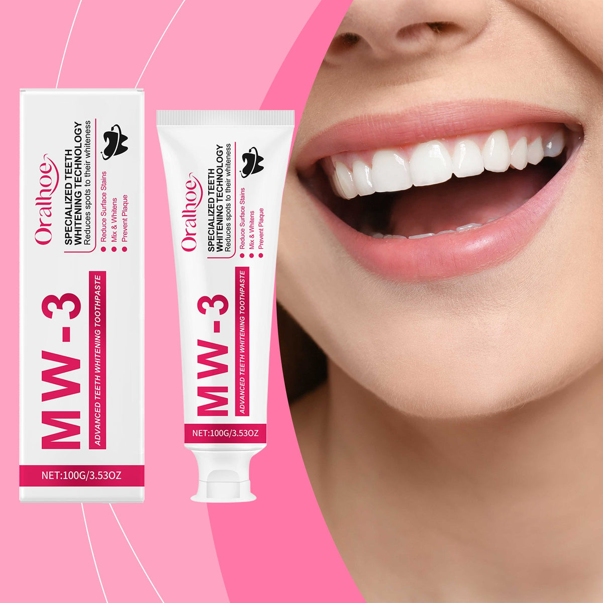 Whitening toothpaste box and tube beside mouth close-up showing bright teeth