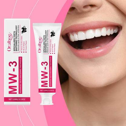 Whitening toothpaste box and tube beside mouth close-up showing bright teeth
