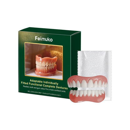 Denture kit: green box with molded pink-and-white teeth tray and wrapper
