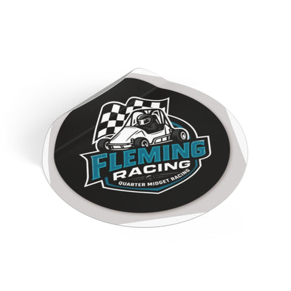 Round black vinyl logo sticker with white outline and Fleming Racing quarter midget design