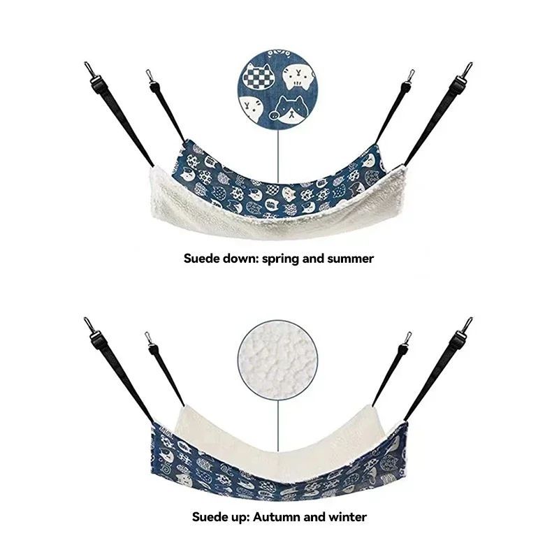 Cotton pet hammock with blue animal-print fabric, white fleece underside, black straps