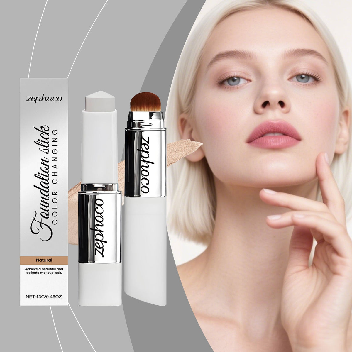 Color-changing concealer foundation stick, Natural shade, with brush and compact tube