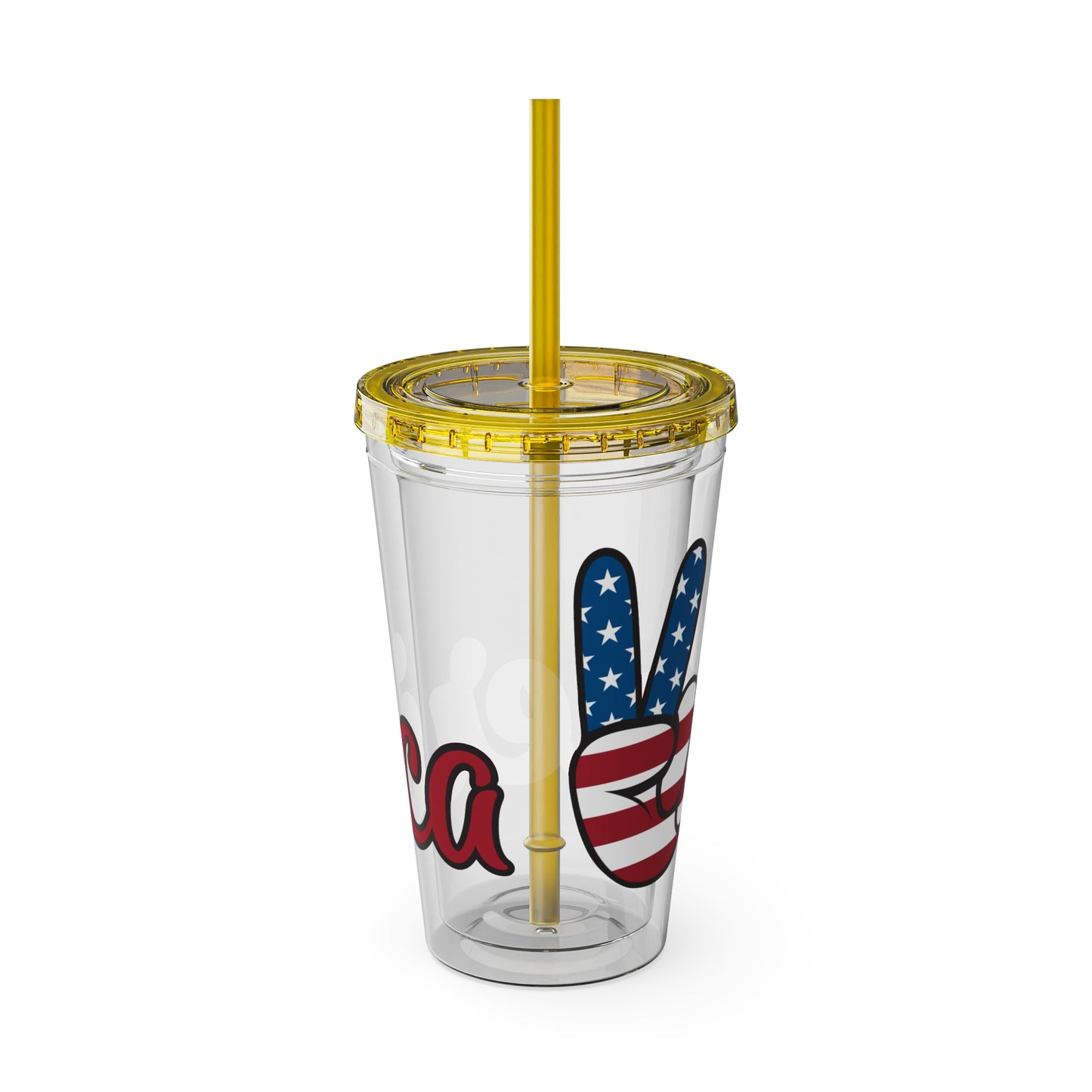 Clear 16oz tumbler with yellow straw and blue/red peace sign graphic