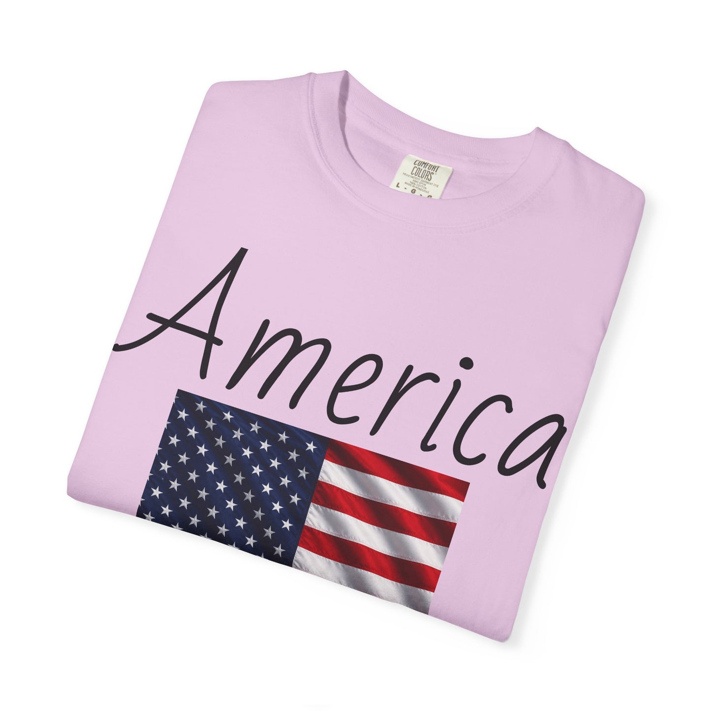 Light pink unisex T-shirt with 'America' script and US flag graphic on front