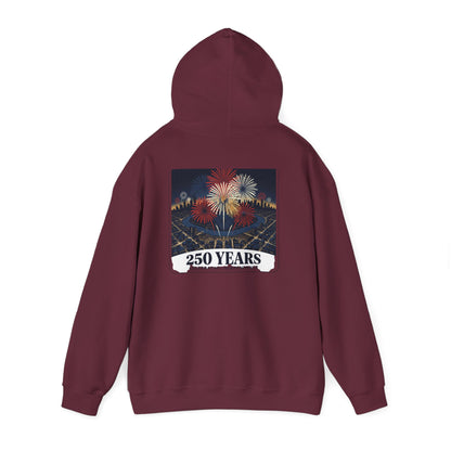 Maroon hoodie with “250 Years” fireworks graphic centered on back