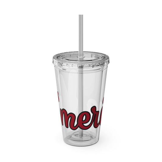 Clear 16oz tumbler with lid and gray straw, red and black "mer" graphic
