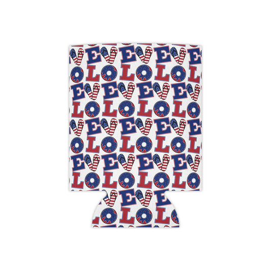 Drink can cooler sleeve with LO and star flag pattern, red white and blue