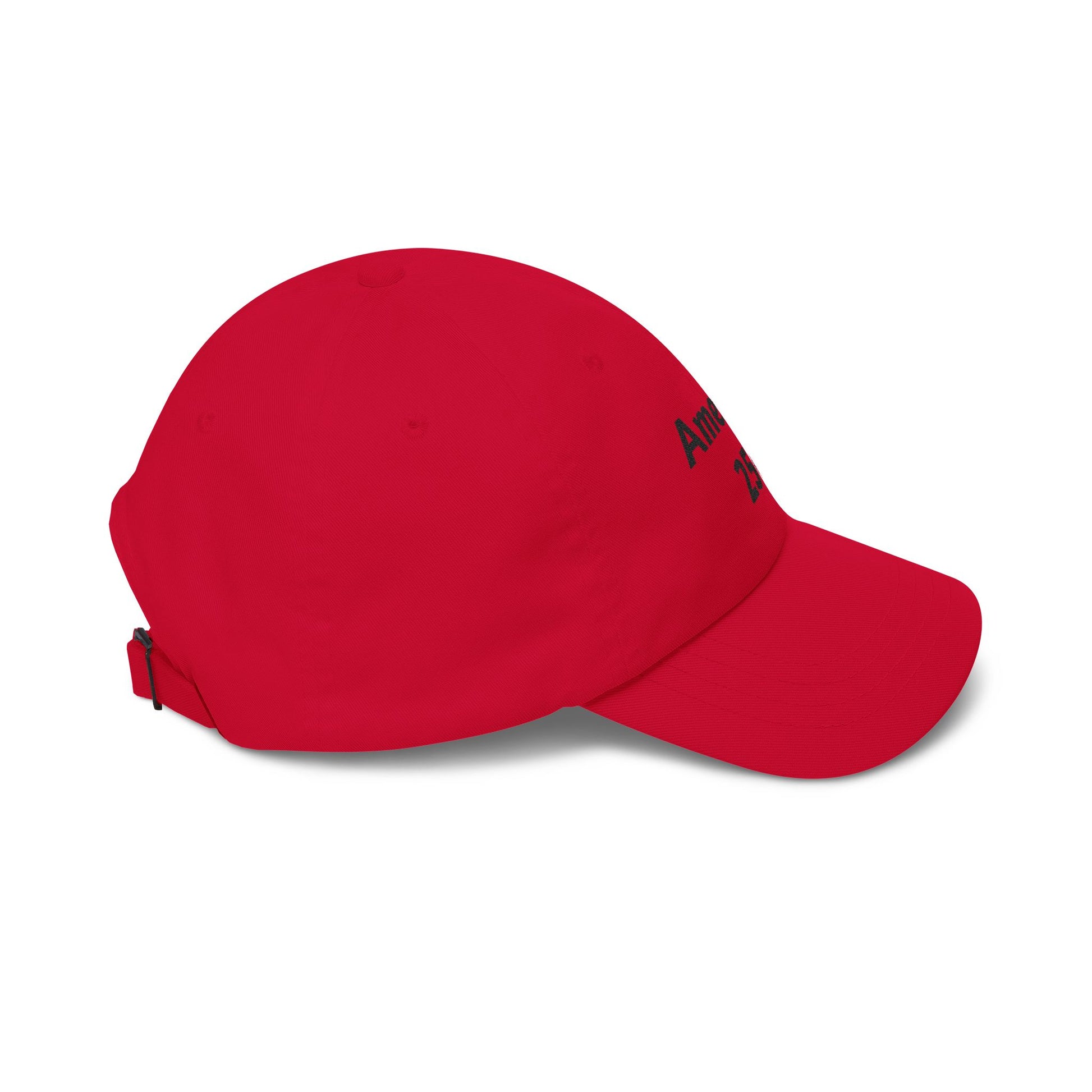 Red dad cap with curved brim and embroidered side text