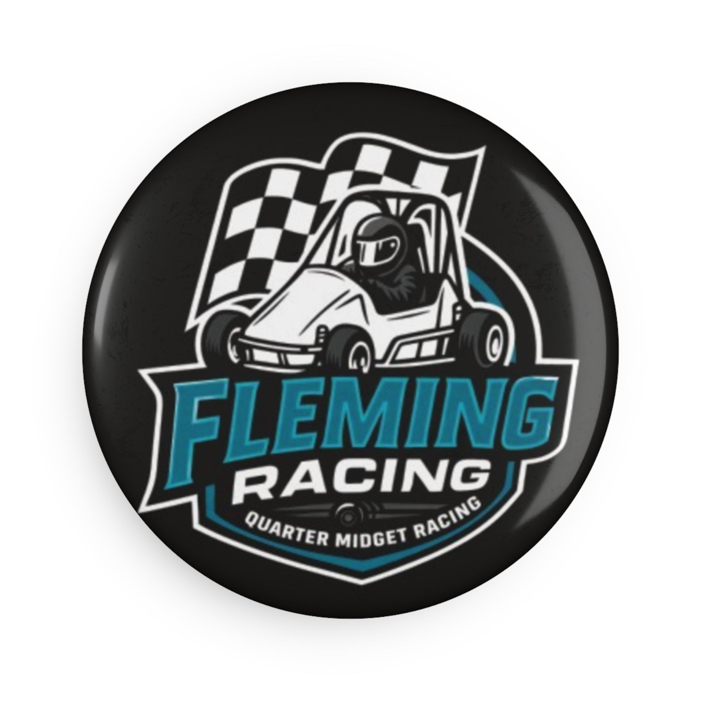 Round Fleming Racing button magnet with checkered racecar logo