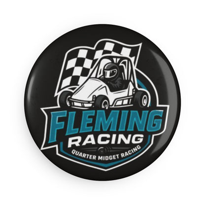 Round Fleming Racing button magnet with checkered racecar logo