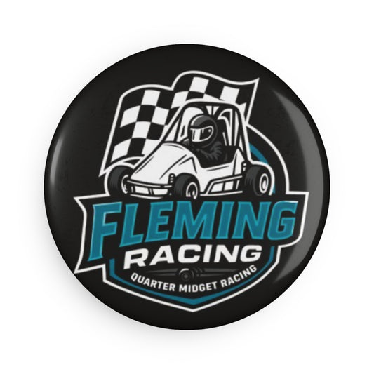 Round Fleming Racing button magnet with checkered racecar logo
