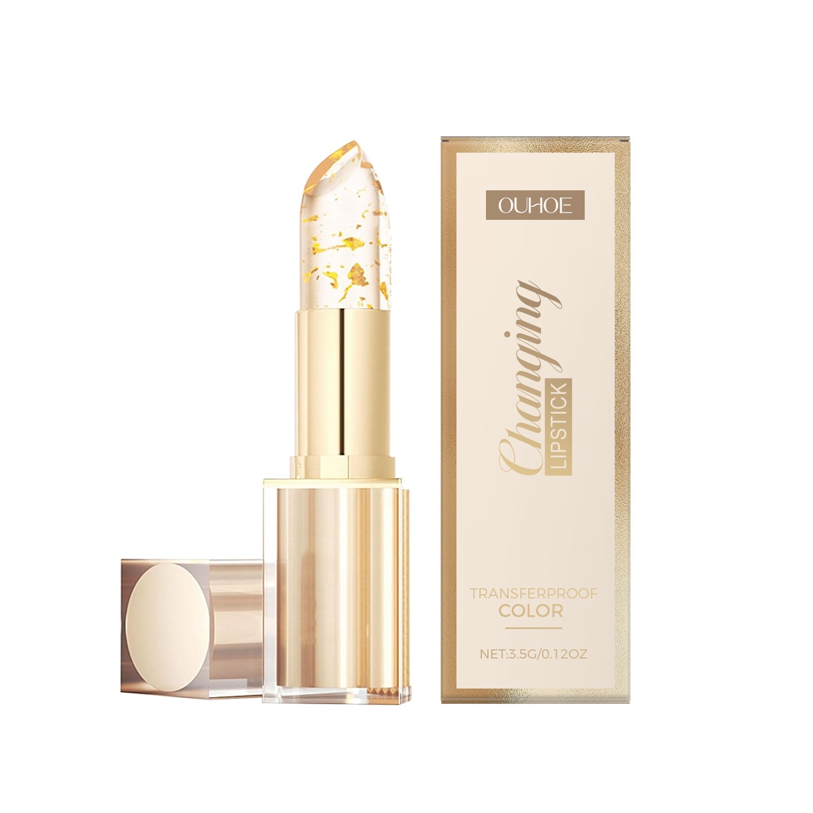 Gold color-changing nourishing lipstick with tube and box, glittery gold cap