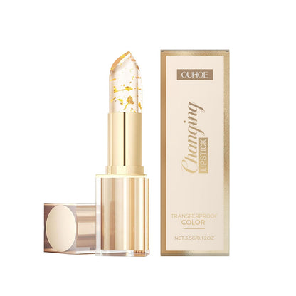Gold color-changing nourishing lipstick with tube and box, glittery gold cap