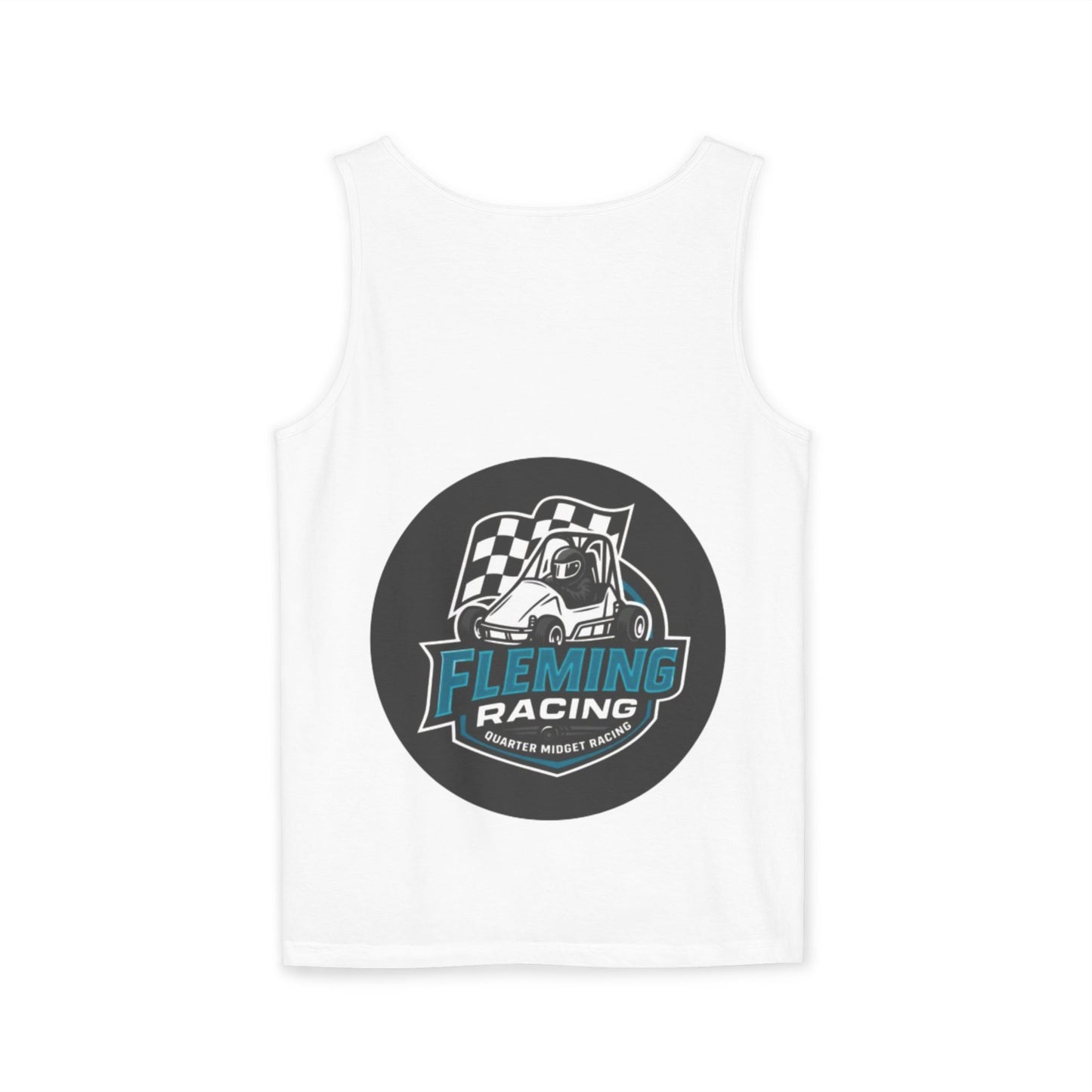 White racing tank top with circular Fleming Racing graphic on front