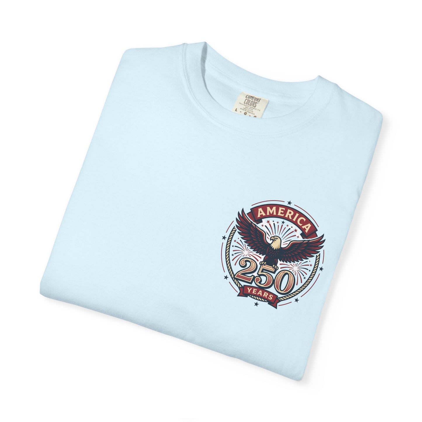 Light blue T-shirt with round “America 250 Years” emblem graphic on front