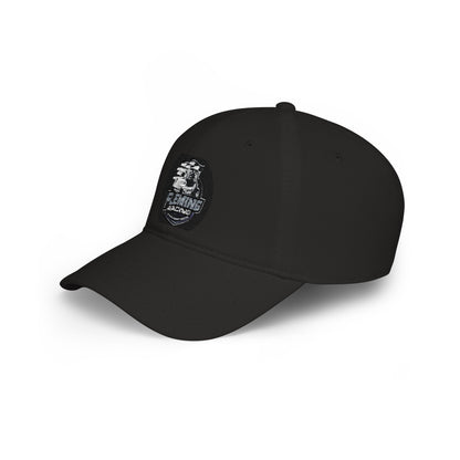 Black baseball cap, front three-quarter view with embroidered racing logo patch