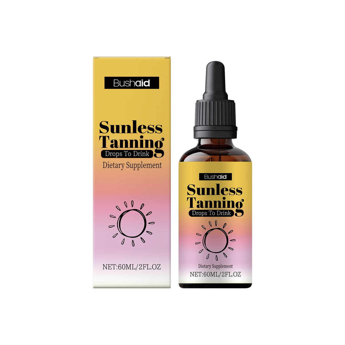 Oral sunless tanning drops box and amber bottle with black dropper