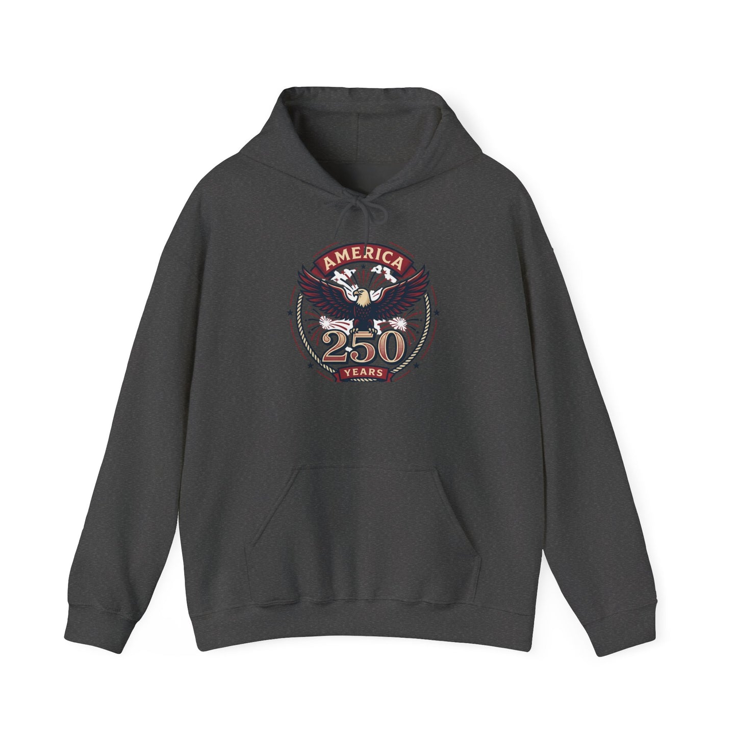 Charcoal pullover hoodie with eagle and “250 Years” graphic on chest