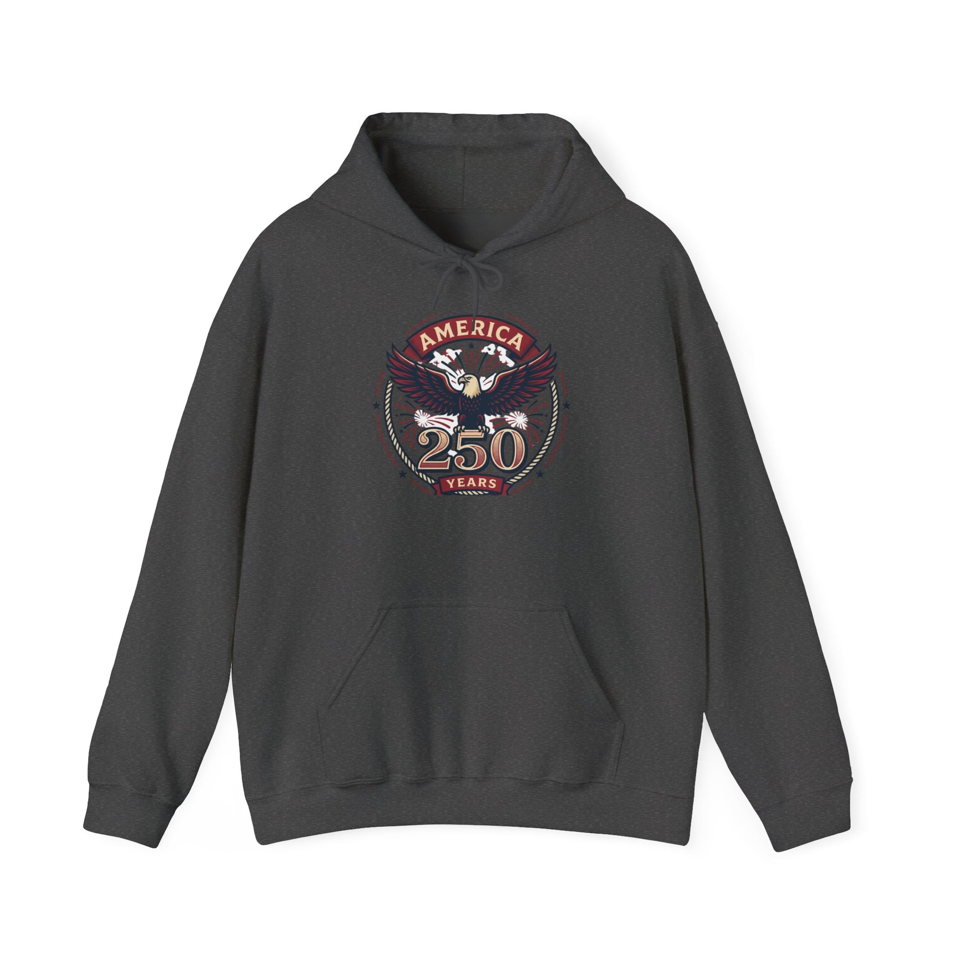 Charcoal pullover hoodie with eagle and “250 Years” graphic on chest