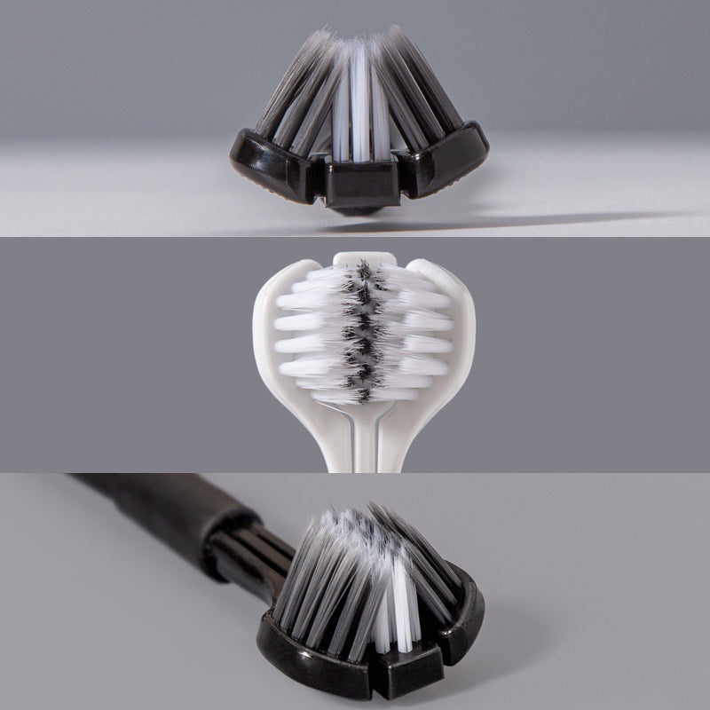 Triple-sided soft bristle toothbrush head close-up with dense bristles