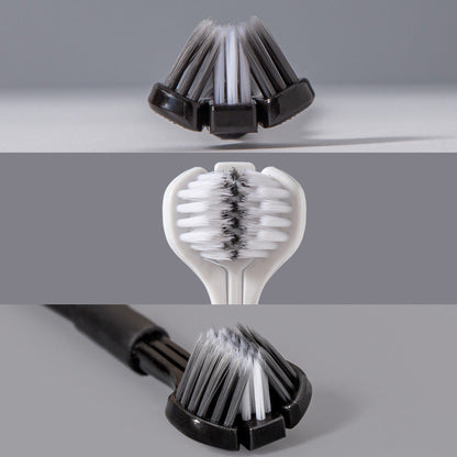 Triple-sided soft bristle toothbrush head close-up with dense bristles
