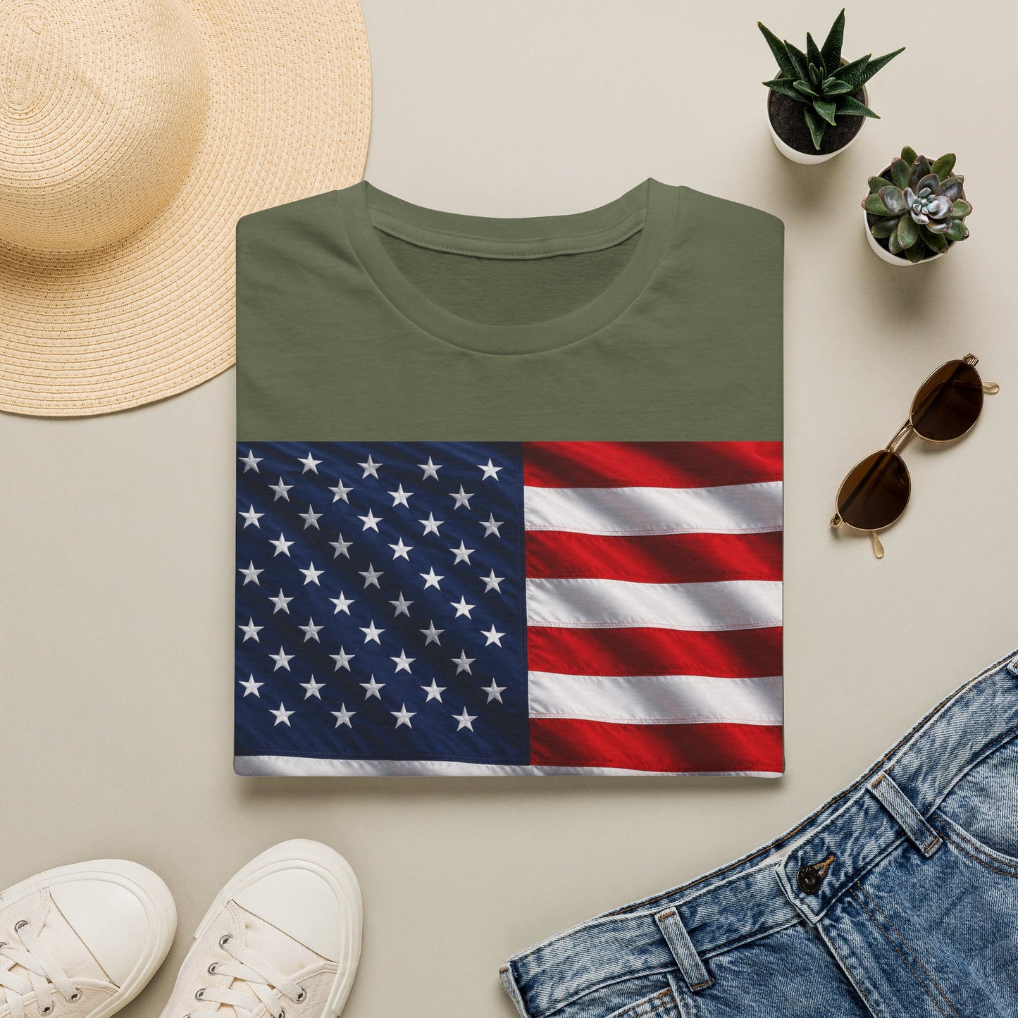Military green T-shirt with American flag graphic showing blue stars and red stripes