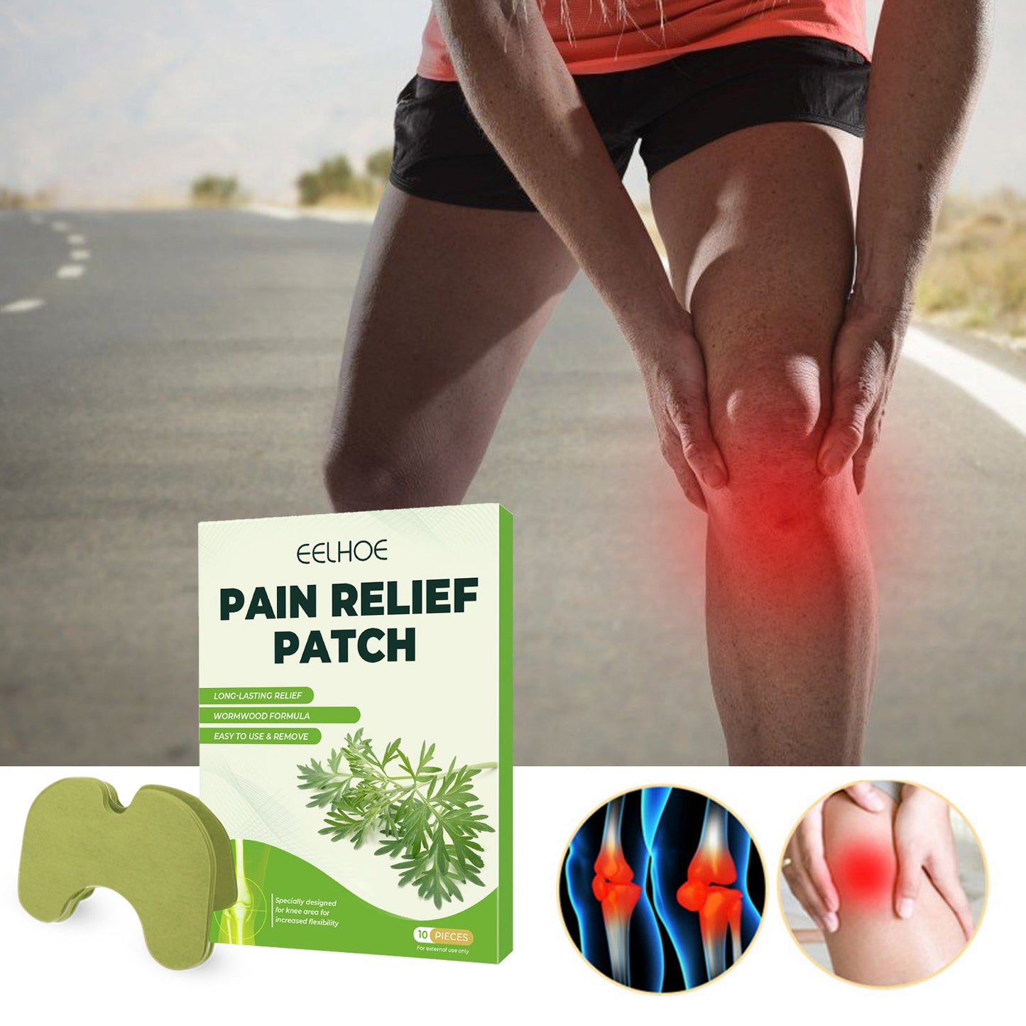 Green mugwort knee patches 10-pack with box, shown on a leg with knee pain