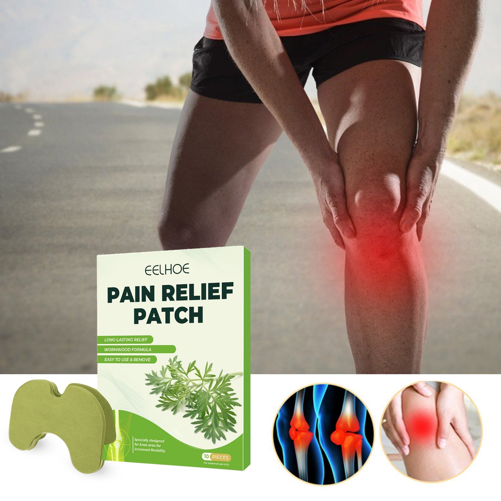 Green mugwort knee patches 10-pack with box, shown on a leg with knee pain