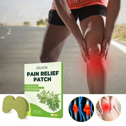 Green mugwort knee patches 10-pack with box, shown on a leg with knee pain