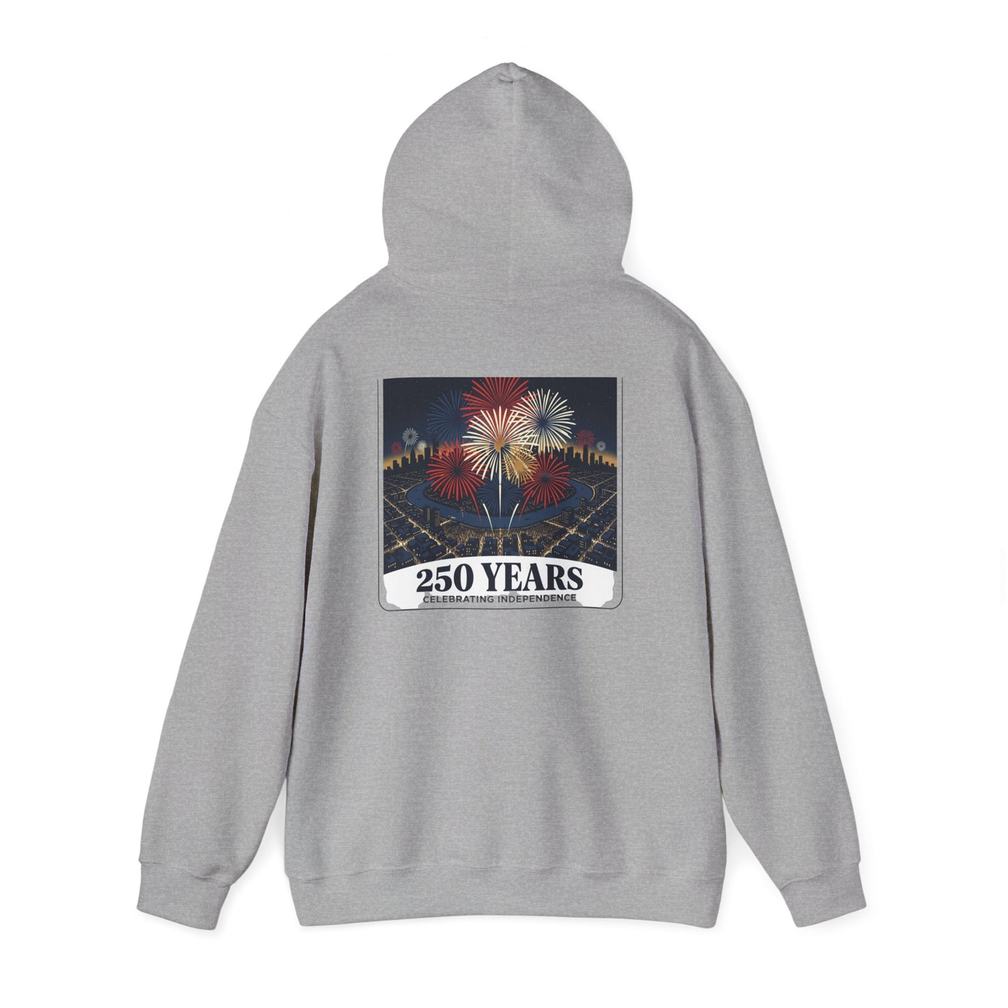Light gray zip-up hoodie with “250 Years” fireworks graphic on back