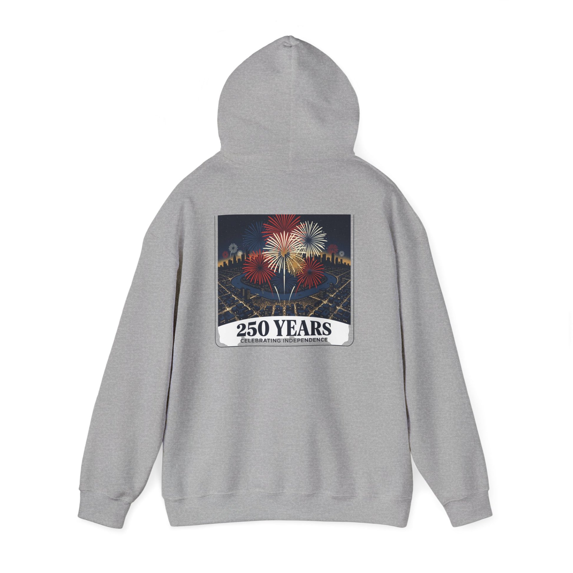Light gray zip-up hoodie with “250 Years” fireworks graphic on back