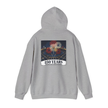 Light gray zip-up hoodie with “250 Years” fireworks graphic on back