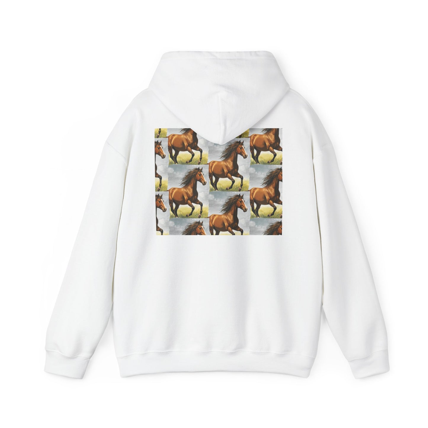 White horse-pattern hoodie, back view with hood and kangaroo pocket