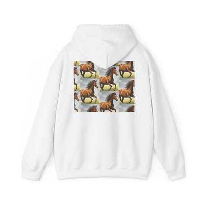 White horse-pattern hoodie, back view with hood and kangaroo pocket