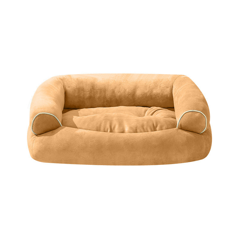Khaki pet sofa bed with soft fabric upholstery, rounded bolsters, and beige piping.
