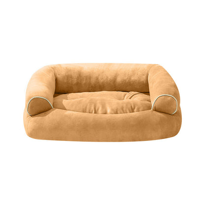 Khaki pet sofa bed with soft fabric upholstery, rounded bolsters, and beige piping.