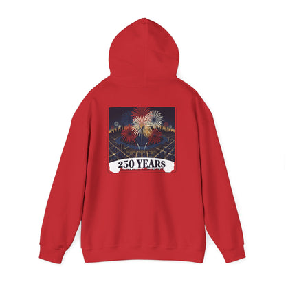 Red hoodie back view with fireworks graphic and "250 YEARS" label