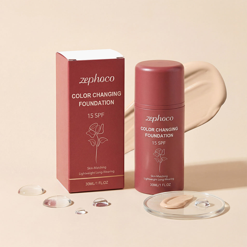 Zephoco color-changing sunscreen foundation box and bottle, 15 SPF, with skin swatches