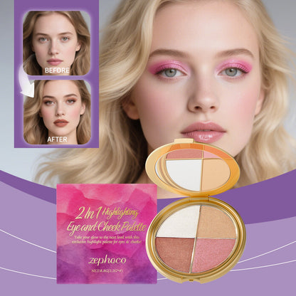 Eyeshadow and blush palette compact open, four shades visible: cream, beige, peach, pink