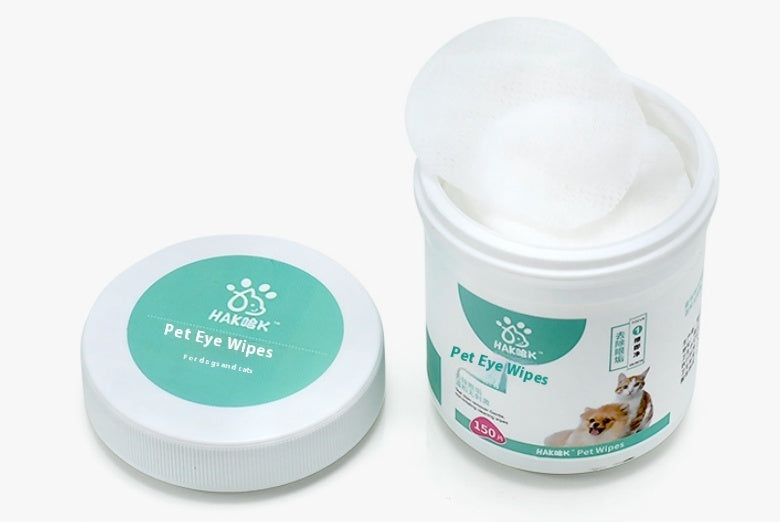 Pet eye wipes jar with lid, open tub showing white wipes and teal label