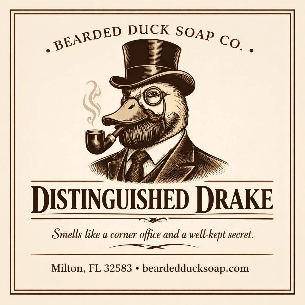 Distinguished Drake soap label with bearded duck in top hat and pipe illustration