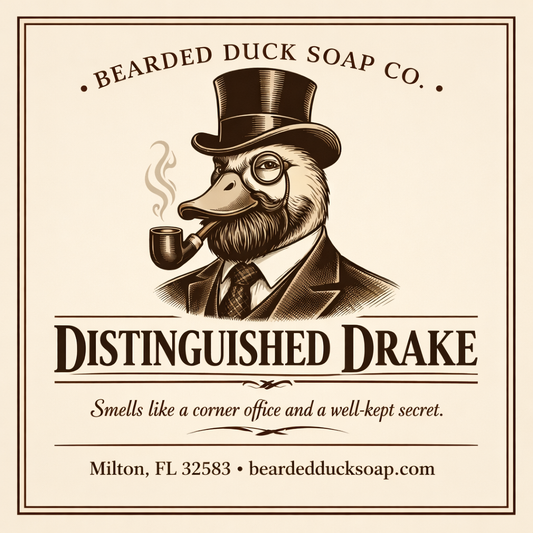 Distinguished Drake soap label with bearded duck in top hat and pipe illustration