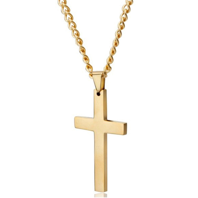 Gold cross pendant necklace with cable link chain