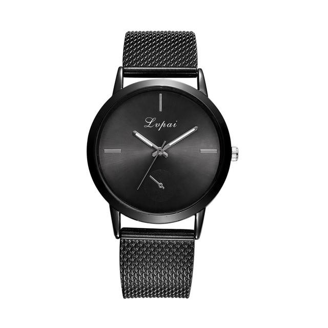 Black fashion watch with textured mesh strap and round black dial