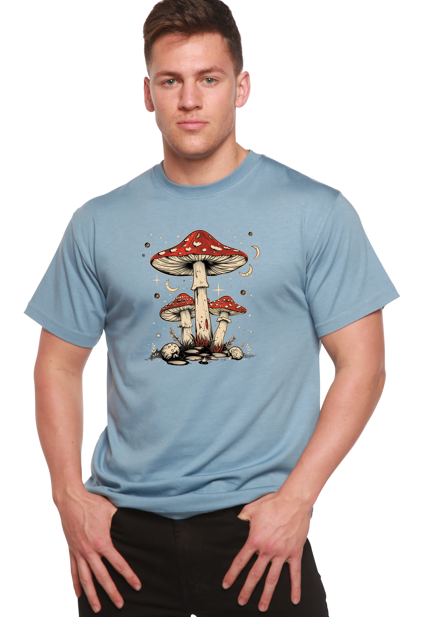 Unisex graphic t-shirt in light blue with red mushroom artwork centered