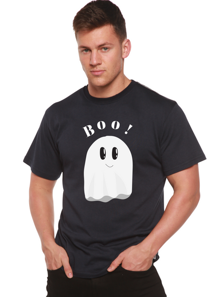 Men's dark navy graphic T-shirt with “BOO!” text and white ghost print